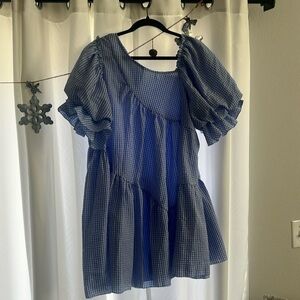 Blue and white asymmetrical gingham dress